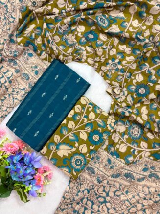 Raw silk with pure cotton kalamkari dupatta set - Teal Blue