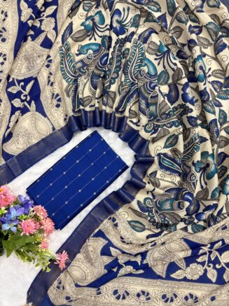 Traditional Royal Kalamkari Nizam Border Dupatta & Top with Premium Finish | Royal blue