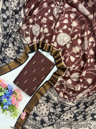 Traditional Royal Kalamkari Nizam Border Dupatta & Top with Premium Finish | Coffee brown