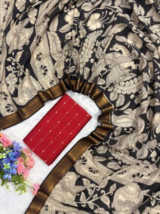 Traditional Royal Kalamkari Nizam Border Dupatta & Top with Premium Finish | Red