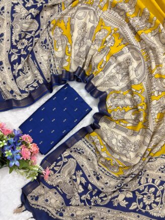 Traditional Royal Kalamkari Nizam Border Dupatta & Top with Premium Finish | Royal blue